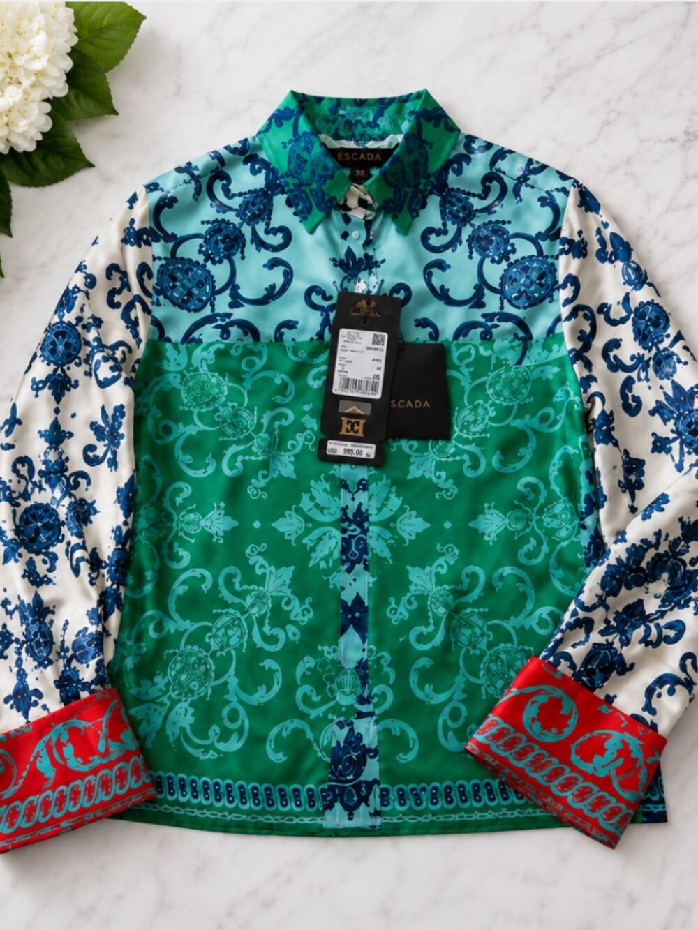 ESCADA  Silk Scarf Print Shirt Ornate Baroque Equestrian Blouse NWT Size XS